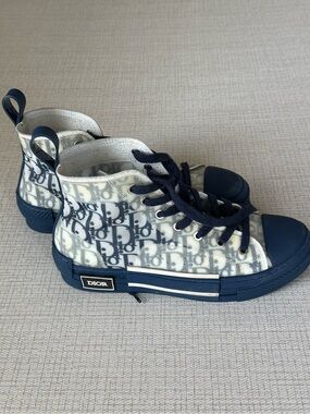 Dior Blue and White High-Top Sneakers with Signature Logo
